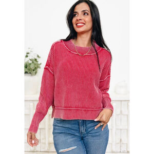 Women's Zenana Mineral Washed Red Ribbed Crew Neck Sweater L